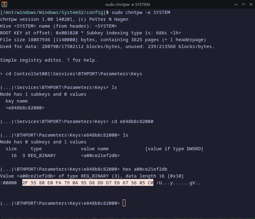 chntpw output, Bluetooth Key highlighted