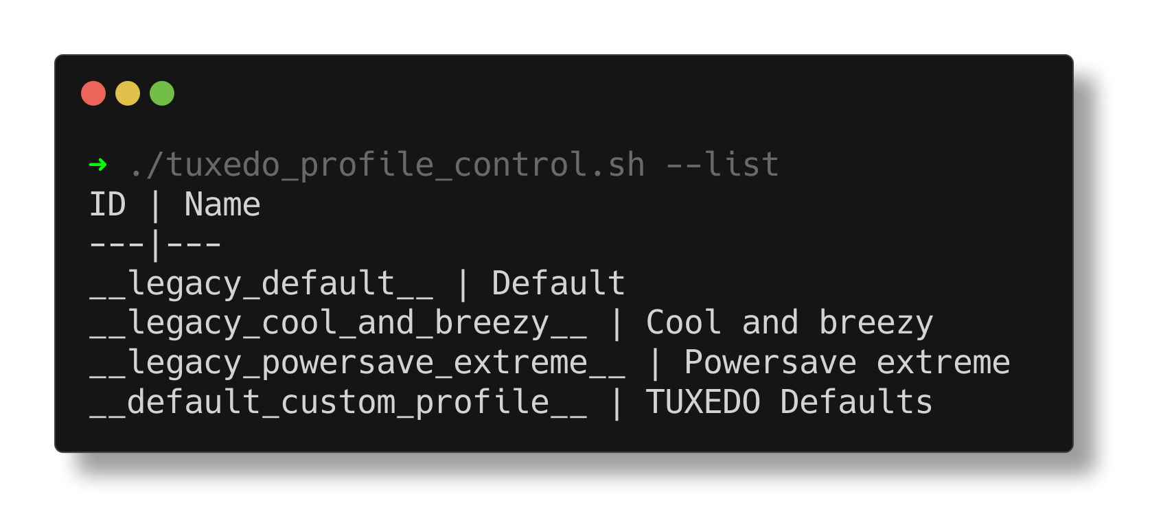 tuxedo_profile_control.sh --list